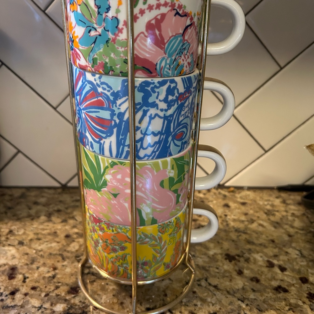 Lilly Pulitzer 4 Stacking Cup Mugs Set 8.8 oz Caddy Stand Target